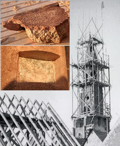 Da beim Wiederaufbau direkt nach dem Krieg weder passender Sandstein geschweigenden Qualifizierte Steinmetze zu haben waren, wurden die Tr&uuml;mmer in der Kirche gesichtet und so gut als m&ouml;glich wieder verbaut. Wo es an Sandstein fehlte, wurde mit Stahlbeton gearbeitet.

Dabei hat nicht mehr zu gebrauchende Sandsteintr&uuml;mmer zu rotem Sand zermahlen und damit die Au&szlig;enseiten der Gussformen f&uuml;r die Betonteile ausgekleidet. Somit sahen die fertigen Stahlbetonteile &auml;u&szlig;erlich wie echter Sandstein aus.

An den beiden Bildausschnitten links kann man das gut erkennen.
Dabei handelt sich um ein abgebrochenes St&uuml;ck eines Frieses und einen Probeschnitt in einer S&auml;ule, um die Tiefe der Risse beurteilen zu k&ouml;nnen.

