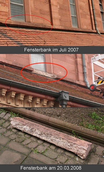 Offensichtlich war der urspr&uuml;ngliche Turmhelm aus Sandstein doch so stark besch&auml;digt worden, dass man sich dazu entschlossen hat, ihn komplett abzutragen und aus Beton neu zu bauen. Nach der Fertigstellung wurde er dann sandsteinfarben angestrichen.

Bei der letzten Au&szlig;enrenovierung 1980 wurden dort offensichtlich keine gr&ouml;&szlig;eren M&auml;ngel festgestellt.

Wie wurden wir aber auf den schlechten Zustand der Fassade und des Aufmerksam?

Dies sieht man an dieser Fotokollage. Das obere Bild entstand im Juli 2007. Hier waren keinerlei Hinweise auf Sch&auml;den sichtbar.
Nicht einmal 1 Jahr sp&auml;ter âam fr&uuml;hen Karsamstag Morgen- brach dann ein 1 Meter langes St&uuml;ck einer Fensterbank an der S&uuml;d-West-Fassade ab. 
Es rutschte das das Dach des Seitenschiffs hinunter und blieb gl&uuml;cklicherweise in der Regenrinne h&auml;ngen.

Noch am Karsamstag hat uns die Fa. Burkart ein Schutzger&uuml;st an der S&uuml;d-West-Fassade aufgestellt.
