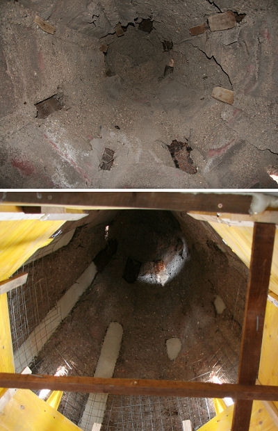 Kommen wir nun zur Innenseite des Turmhelmes:

Hier wurden zun&auml;chst der gesamte lose Beton und alle sog. Kiesnester s&auml;uberlich entfernt und mit Wasser gr&uuml;ndlich abgeb&uuml;rstet.
Somit lang das tragende Stahlgerippe aus T-Tr&auml;gern und Ringankern von innen g&auml;nzlich frei.

Auf den Beton wurde eine Haftbr&uuml;cke aufgetragen.

Die Stahlteile wurden entrostet und mit einem speziellen Korrosionsschutz &uuml;berzogen.

