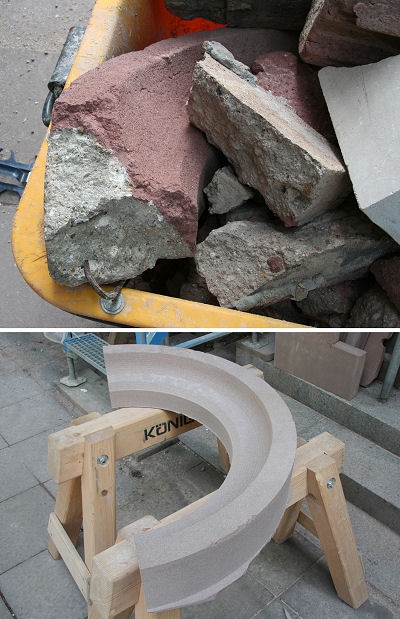 In diesem Bild sieht man oben einen alten Fensterbogen aus Beton.

Unten: der neue Bogen aus Sandstein.
