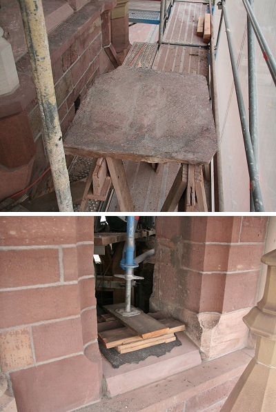 Auch die neuen Schalll&auml;den werden bereits von den Zimmerleuten gefertigt.

Vorbereitend mussten am Turm alle 8 Fensterb&auml;nke erneuert werden.

Oben sehen Sie eine alte, ausgebaute Fensterbank.

Unten sehen Sie eine neue, bereits eingebaute Fensterbank.

Darauf st&uuml;tzt sich das innere Ger&uuml;st ab.
Mehr dazu im n&auml;chsten Bild.

