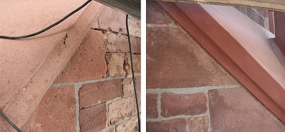 Auch diese Betonplatte weist nur minimale Risse an der Seite auf.
Auch diese wurde mit der Dichtschl&auml;mme versiegelt.

Somit konnte hier das teure und aufw&auml;ndige ersetzten durch Sandstein vermieden werden.

Auch hier sein nochmals darauf hingewiesen, dass die Fassade lediglich saniert (lat. heilen), nicht renoviert (lat. erneuern) wird. 
