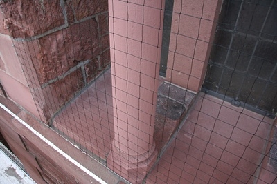 Hier sieht man das Net ganz gut.

An den seitlichen Arkaden war diese L&ouml;sung nicht m&ouml;glich, da hier durch die Fenster&ouml;ffnungen die Fahnen geschoben werden, die beispielsweise an Patrozinium vor unserer Kirche wehen.

Hier mussten ganz klassisch Stahlstifte angebracht werden um die Tauben am Landen zu hindern.
