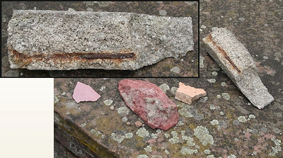 Hier sieht man, wie solche Betonteile durch rostende Stahlarmierungen abgesprengt werden.